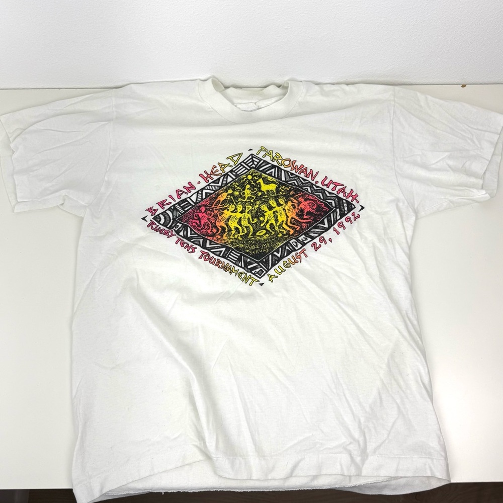 Hanes White Graphic Tee with Red and Yellow Design